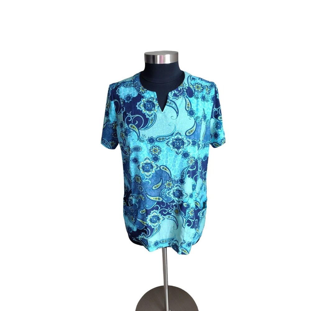 Butter-Soft Stretch Women's Medium Scrub Top Blue Teal Paisley Medical Uniform M